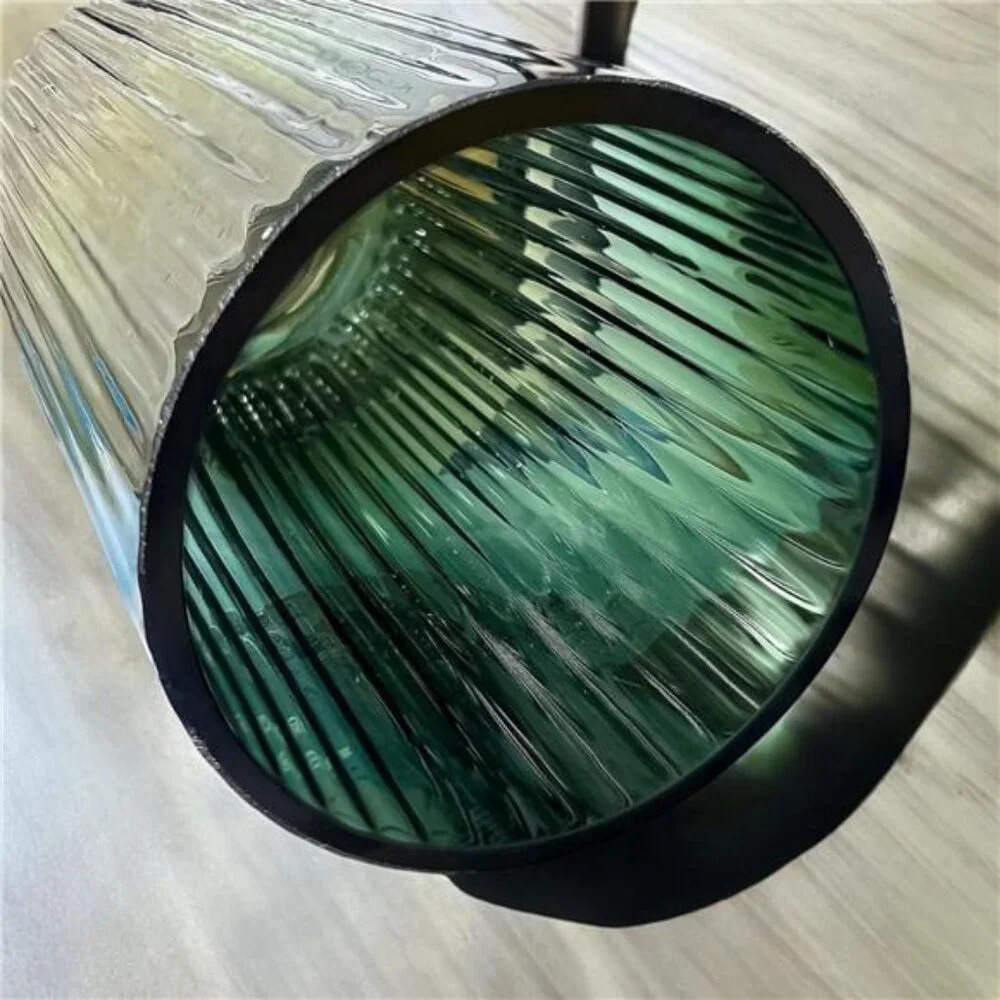 NEW West Elm Green Glass Boho Ribbed Cylinder Flower Vase Planter Decor - 8